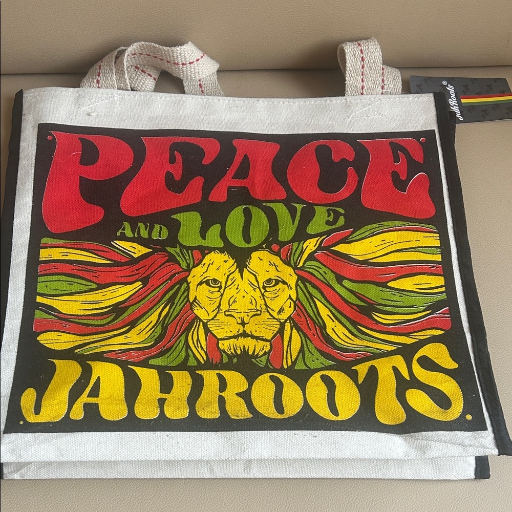 Roots White Canvas Tote with Red, Yellow and Green Peace & Love Graphic - Picture 3 of 6